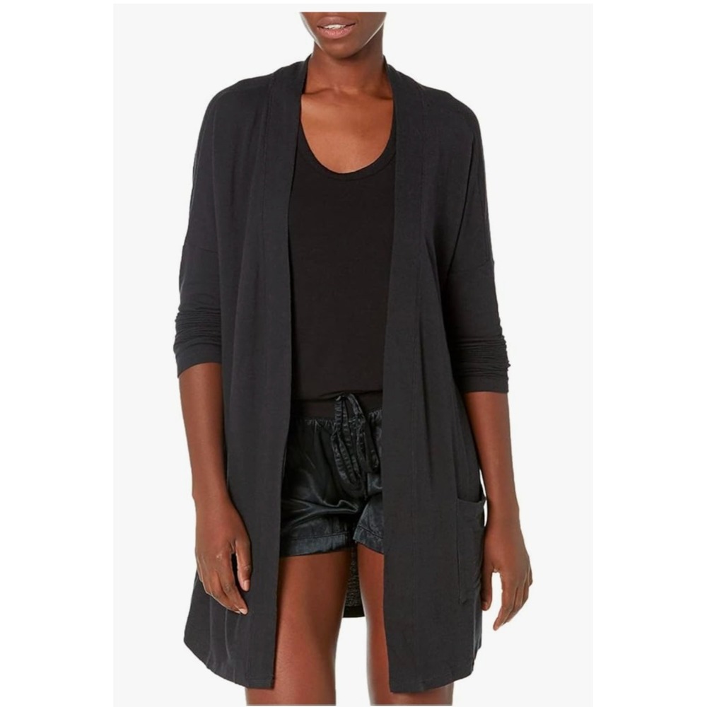 Womens Black Open Front Cardigan Duster Long‎ Sleeve Pockets Casual